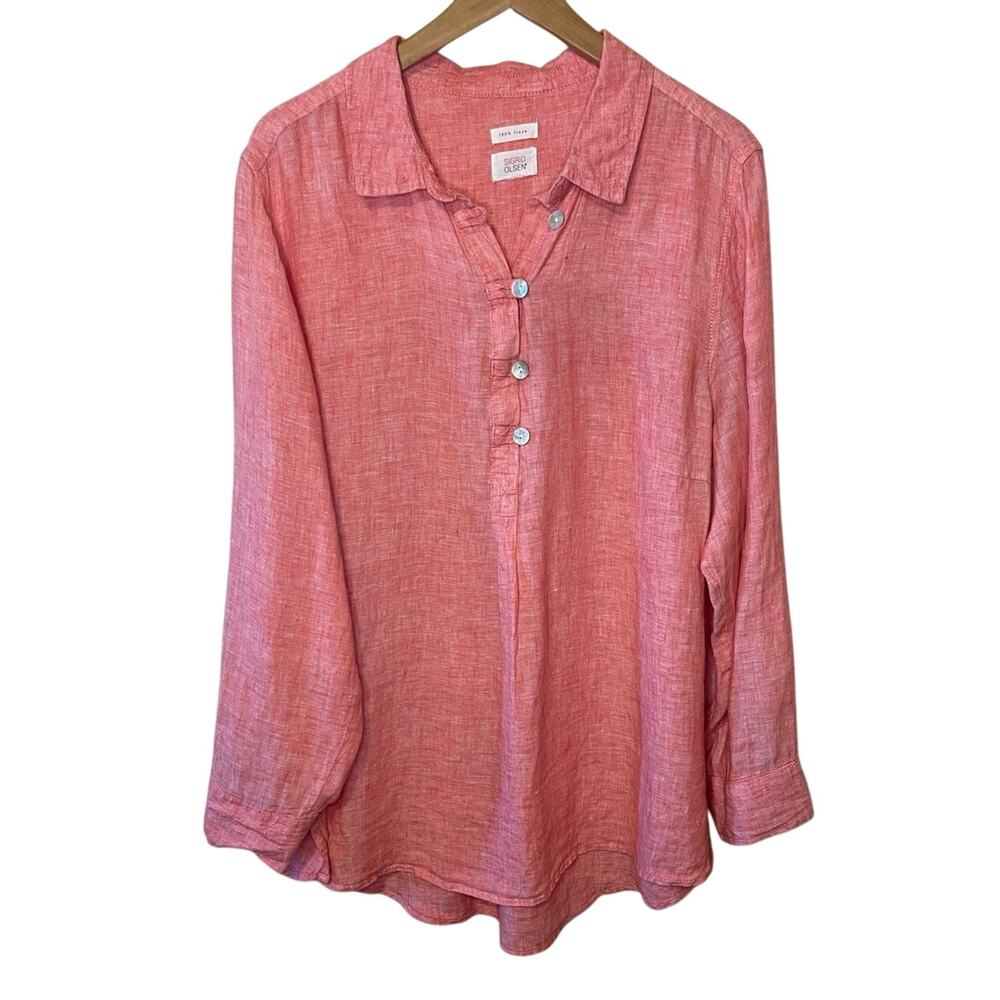 Sigurd Olsen Linen Coral Pink Frog Loop Half Button Roll Tab Sleeve Blouse XL